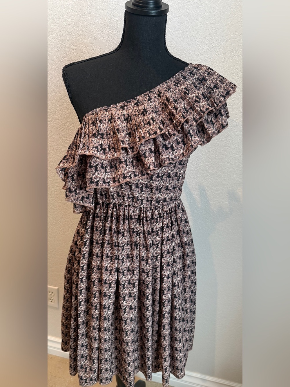 Maude One-Shoulder Ruffle Floral Dress in Brown and Black